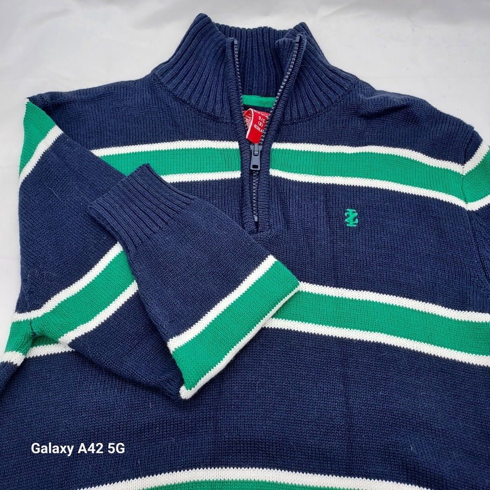 IZOD Boys Navy Blue Green White Striped Quarter Zip Cotton Sweater Size S 8